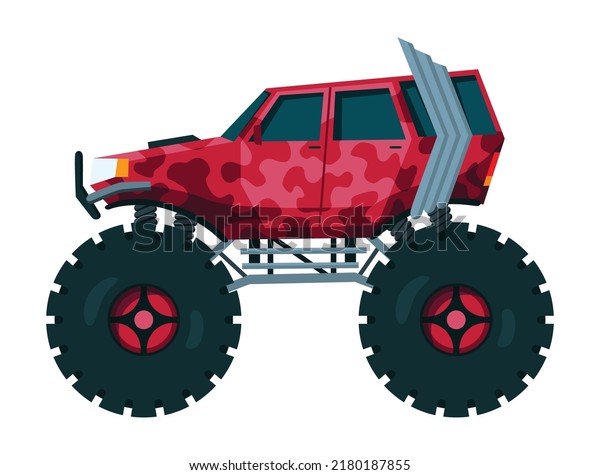 Monster truck. Bright colorful cartoon\
auto with big wheels. Heavy car with large tires and black tinted\
windows. Isolated rally 4x4 computer or mobile\
game
