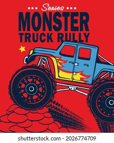 Monster truck car. Print for t shirt on blac bsckground.