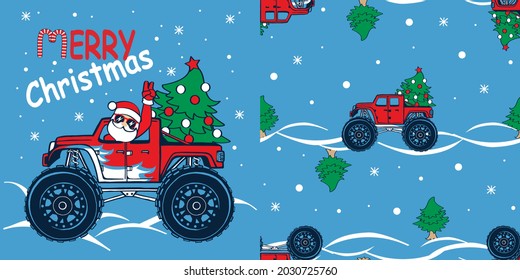 Monster truck car with Santa and Christmas tree. Print for t shirt and seamless pattern.