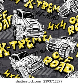 Monster Truck car seamless pattern on grunge textured background with arrows, street art style graffiti text Extreme, Off road, 4x4.  Vehicle textured repeat ornament