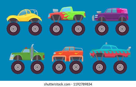 Monster truck cars. Automobiles with big wheels creature auto toy for kids vector pictures isolated. Illustration of 4x4 truck car, model toy motor