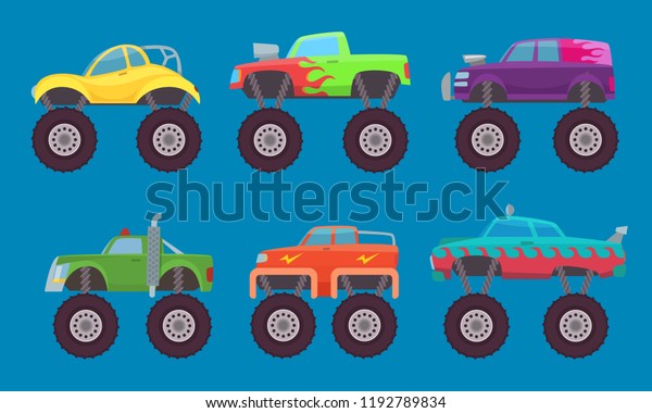 Monster truck cars. Automobiles with big wheels\
creature auto toy for kids vector pictures isolated. Illustration\
of 4x4 truck car, model toy\
motor
