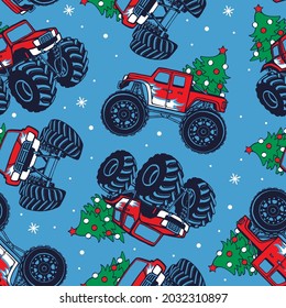 Monster truck cars with Christmas tree seamless pattern.