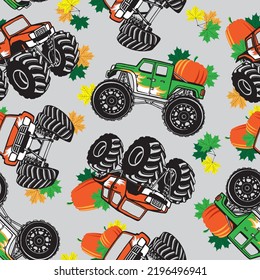 Monster truck cars with orange pumpkins and fall leaves seamless pattern.