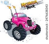 Monster truck cartoon art, kids style vector illustration