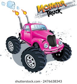 Monster truck cartoon art, kids style vector illustration