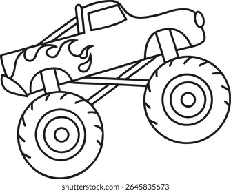 Monster truck cartoon drawing with flames, a bold vehicle ready for thrilling adventures and creative coloring, perfect for children's imaginations and artistic fun, ready to be colored