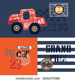Monster truck cartoon. Kids T-shirt design set cartoon vector illustration.