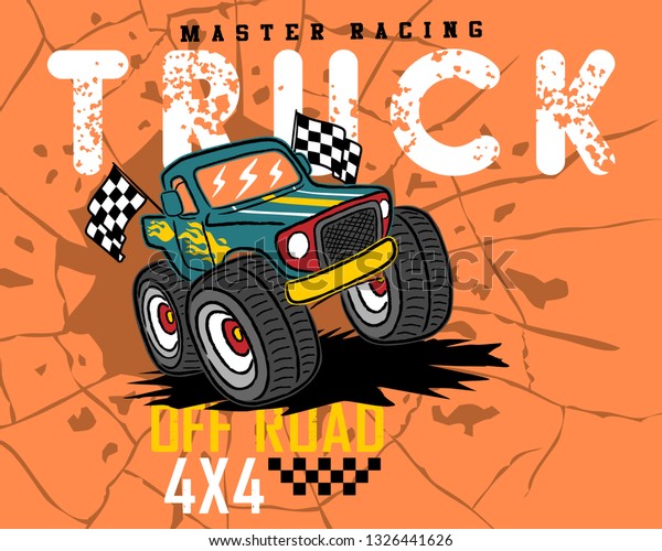 Monster truck\
cartoon on cracked hole\
background