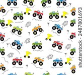 Monster truck  cartoon pattern design .monster truck pattern for kids clothing, printing, fabric ,cover.Monster car seamless pattern.Monster truck on yellow background.