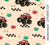 Monster truck  cartoon pattern design .monster truck pattern for kids clothing, printing, fabric ,cover.Monster car seamless pattern.