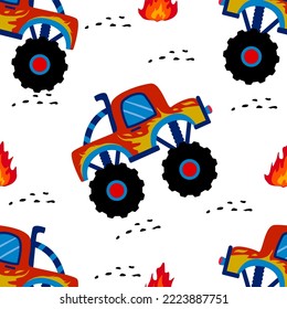 Monster truck  cartoon pattern design .monster truck pattern for kids clothing, printing, fabric ,cover. Monster car pattern.