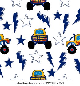 Monster truck  cartoon pattern design .monster truck pattern for kids clothing, printing, fabric ,cover.Monster car with star on white background seamless.