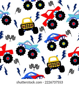 Monster truck  cartoon pattern design .monster truck pattern for kids clothing, printing, fabric ,cover. Monster car pattern.