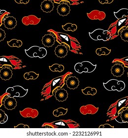 Monster truck  cartoon pattern design .monster truck pattern for kids clothing, printing, fabric ,cover.Monster car seamless pattern.