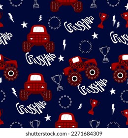 Monster truck  cartoon pattern design .monster truck pattern for kids clothing, printing, fabric ,cover.Monster car seamless pattern.Monster truck on navy blue background.