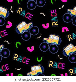 Monster truck  cartoon pattern design .monster truck pattern for kids clothing, printing, fabric ,cover. Monster car pattern.Colourful Monster truck  cartoon pattern