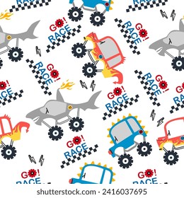 Monster truck  cartoon pattern design .monster truck pattern for kids clothing, printing, fabric ,cover.Monster car seamless pattern.Shark monster cartoon