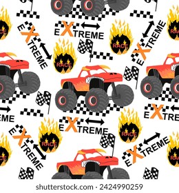 Monster truck  cartoon pattern design .monster truck pattern for kids clothing, printing, fabric ,cover. Monster car pattern.