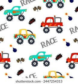 Monster truck  cartoon pattern design .monster truck pattern for kids clothing, printing, fabric ,cover. Monster car pattern.car cartoon. extreme sport pattern.Extreme Truck.