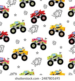 Monster truck  cartoon pattern design .monster truck pattern for kids clothing, printing, fabric ,cover.Monster car seamless pattern.