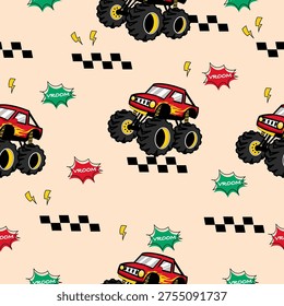 Monster truck  cartoon pattern design .monster truck pattern for kids clothing, printing, fabric ,cover.Monster car seamless pattern.