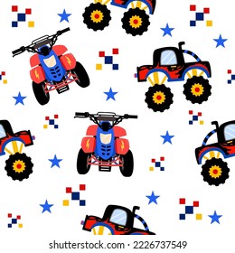  Diseño de patrones de dibujos animados de camiones monstruos. Patrón de camiones monstruos y ATV para ropa infantil, impresión, tela, cubierta. Patrón de coche monstruo.