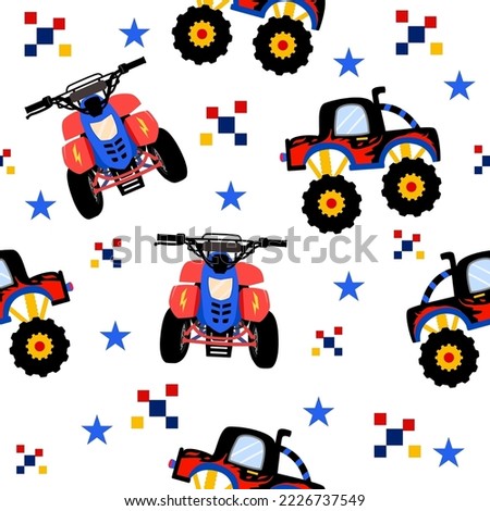  Monster truck  cartoon pattern design.monster truck and ATV pattern for kids clothing, printing, fabric ,cover. Monster car pattern.