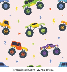 Monster truck cartoon seamless pattern wallpaper background vector illustration