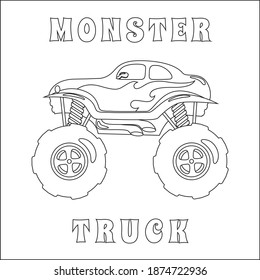 Monster truck with cartoon style. Creative vector Childish design for kids activity colouring book or page.