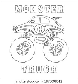 Monster truck with cartoon style. Creative vector Childish design for kids activity colouring book or page.