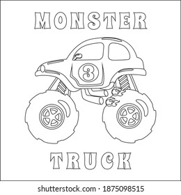 Monster truck with cartoon style. Creative vector Childish design for kids activity colouring book or page.