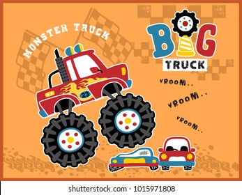 Monster truck cartoon vector crushing little cars, car racing element