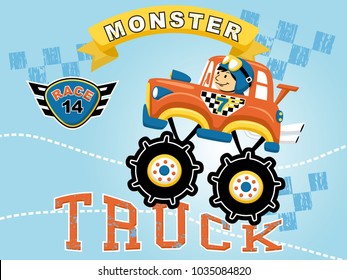 Monster truck cartoon vector with little driver, car racing element