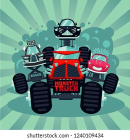 Monster truck catoon illustration with big car .Extreme sport race. Vector background.