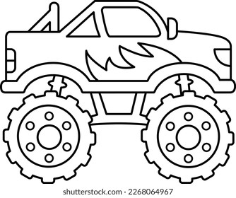 Monster Truck for Coloring Page, Outline Design for Kids Activity, Off-Road Vehicle Vector Icon. Cartoon Truck. Monster Truck Isolated On Background