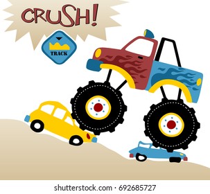 Monster truck crushing little vehicles, vector cartoon illustration