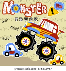 Monster truck crushing small cars, vector cartoon illustration