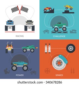 Monster truck design concept set with racing challenge flat icons isolated vector illustration