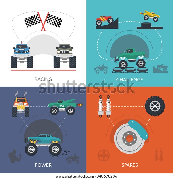 Monster truck design concept set with\
racing challenge flat icons isolated vector\
illustration