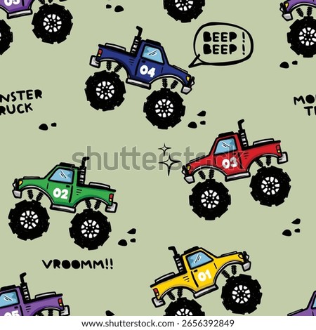 monster truck doodle seamless vector