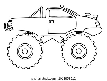 Monster truck in doodle style. Coloring for children. Hand drawn.