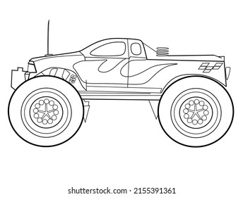 Monster truck in doodle style. Coloring for children. Hand drawn. Vector illustration