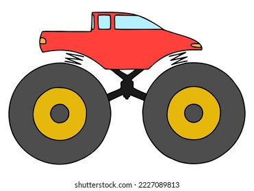 Monster truck in doodle style with gold alloy caps on wheels. Hand Drawn. Freehand drawing. Doodle. Sketch.	