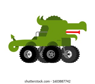 Monster Truck Dragon. Cartoon car animal on big wheels. vector illustration