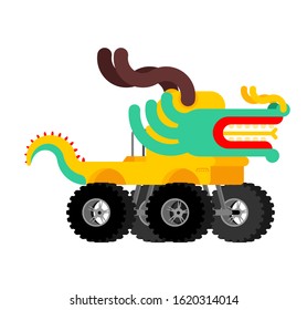 Monster Truck Dragon. Cartoon car animal on big wheels. vector illustration