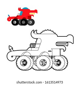 Monster Truck Dragon coloring book. Animal car on big wheels. vector illustration