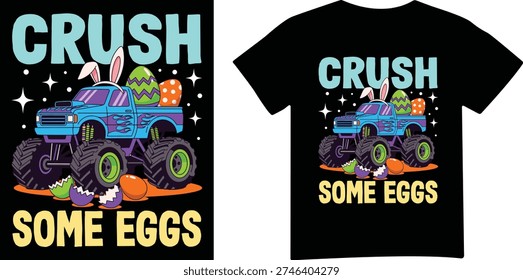 Monster truck with Easter eggs, fun holiday theme, action graphic
