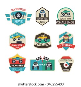 Monster truck emblems set with high power vehicles isolated vector illustration