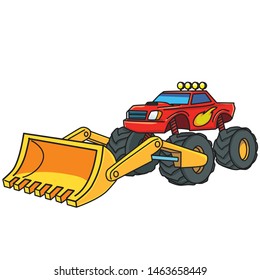 monster truck with excavator yellow bucket